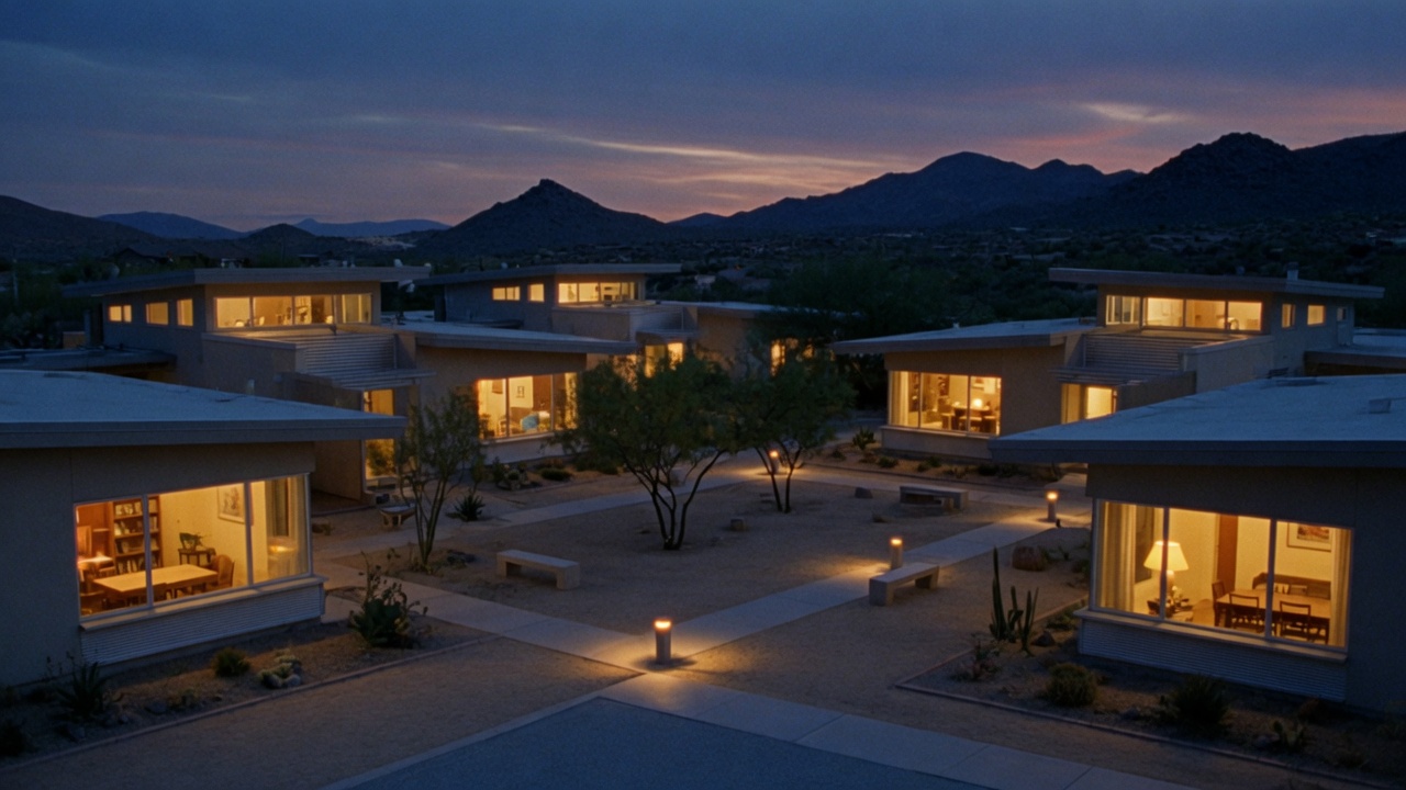 Residential campus at dusk, houses lit from inside around a quiet courtyard