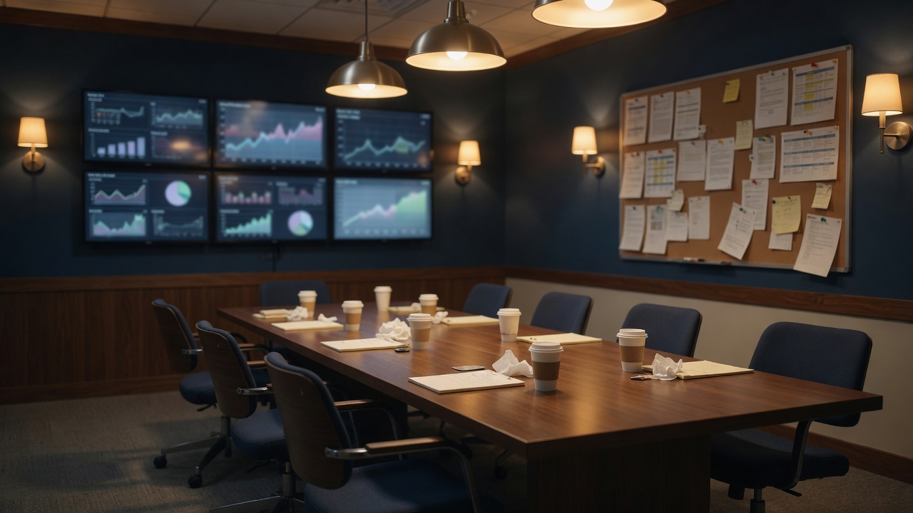 Morning huddle room: long table, coffee, and a wall of monitors